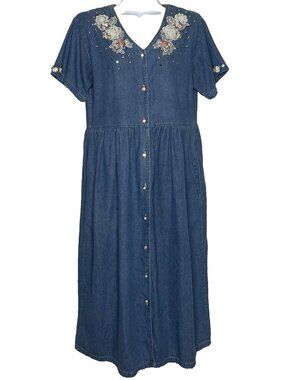 Vintage 80s Spot Light Blue Denim Midi Dress Size M Cottagecore Modest Teacher